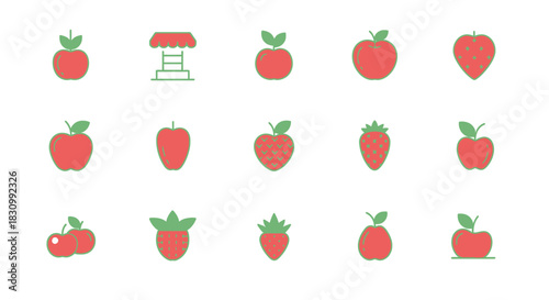 A collection of stylized red fruit icons, including apples and strawberries, and a gazebo illustration, outlined in green, set against a white background