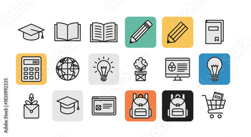 Vector icons depicting academic, educational, and learning concepts. Includes items like books, pencils, lightbulbs, a calculator, and school supplies. Icons set in squares