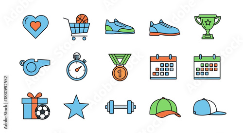 A collection of 15 colorful outlined icons representing various activities and items related to sports, fitness, and celebrations. These include hearts, shoes, and sports equipment