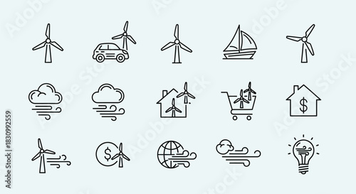 A collection of simple black-and-white line art icons, primarily featuring wind turbines, clouds, and related symbols to represent renewable energy, sustainability and their financial implications