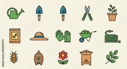 Collection of vector illustrations featuring gardening tools and elements. Including watering can, trowels, clippers, plant, seeds, hat, gloves, wheelbarrow, hose, insect, beehive, flower and branch