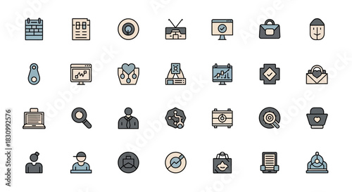 A collection of simple, stylized icons on a white background. The icons represent a variety of objects and concepts with clean lines and a limited color palette