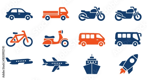 A collection of simple vehicle icons in blue and orange. Depictions include a car, truck, motorcycles, bicycle, scooter, van, bus, planes, ship and rocket, arranged in rows