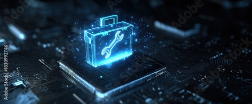 The Digital Toolbox Hologram Floating Above a Microchip Representing Cyber Repair and Maintenance