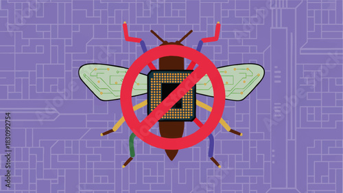 Conceptual illustration of computer bug blocked by stop sign, cyber security antivirus protection icon on purple tech circuit background