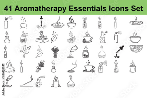 Set of 41 aromatherapy essentials icons set for relaxation and wellness in outline style with editable stroke