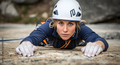 Determined Female Climber Conquering a Challenging Rock Wall Outdoor Adventure Sports Fitness Woman in Action Perseverance Goal Setting Achievement Resilience