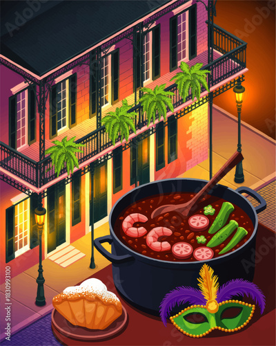 Vibrant New Orleans Mardi Gras balcony with traditional gumbo stew, beignet dessert and carnival mask illustration at night