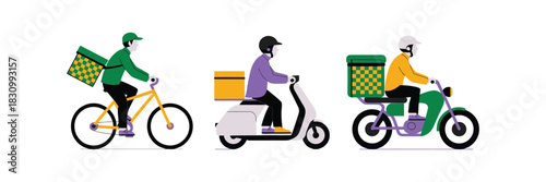 Delivery Service Modes Illustration Showing Cyclist Scooter Rider Motorcyclist And Van In Clean Flat Side View Style As Modern Transportation Vector Graphic For Shipping Logistics Design Projects