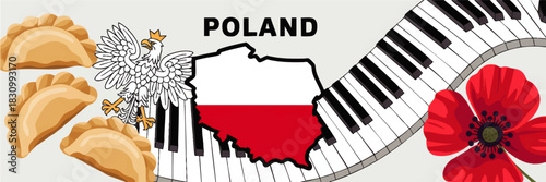 Poland culture illustration with map flag, Polish eagle, pierogi, piano keyboard and red poppy flower on light background