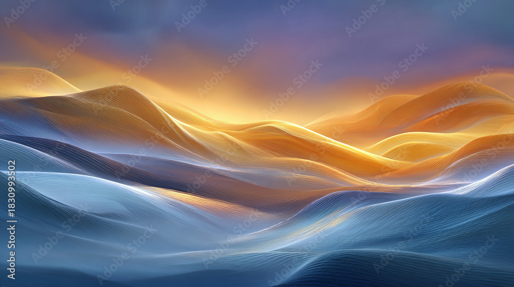 Fototapeta premium Abstract and surreal artistic rendering of undulating, layered contours, painted in vibrant shades of gold and blue, evoking a sense of ethereal serenity.