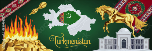 Turkmenistan cultural collage vector, national map with flag, Akhal Teke golden horse statue, carpet pattern, gas flame and Ashgabat architecture