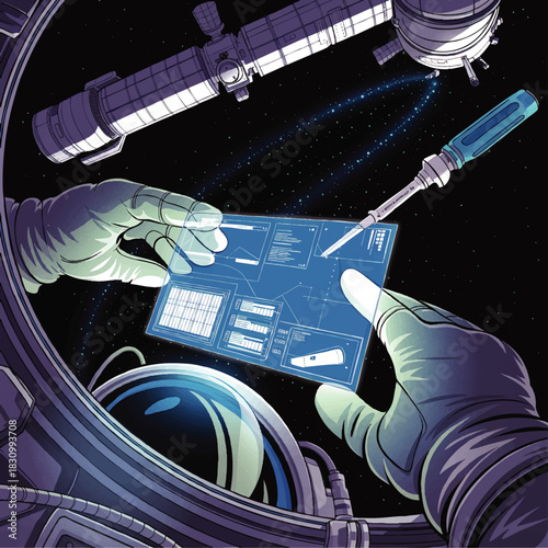 Futuristic astronaut using holographic tablet for space station repair and data analysis in deep space sci fi illustration