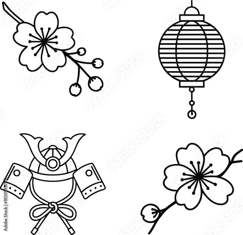 Japanese Icons Cherry Blossoms Samurai Helmet and Lantern