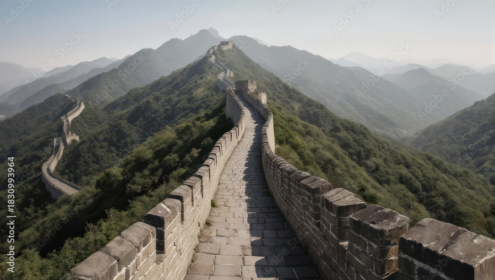 Fototapeta premium The Great Wall of China winding through lush green mountains under a clear sky.