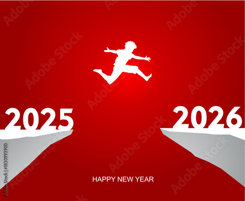 Conceptual New Year 2026 graphic with a white silhouette jumping from 2025 over a red chasm.