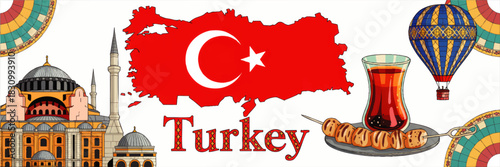 Colorful Turkey travel illustration with Turkish landmarks, map, hot air balloon, tea glass, kebab and traditional cultural symbols