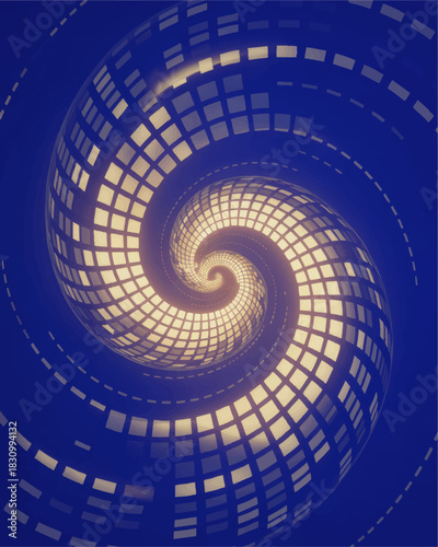 Futuristic glowing spiral grid tunnel on blue background, abstract digital vortex pattern for technology, data, and sci fi design