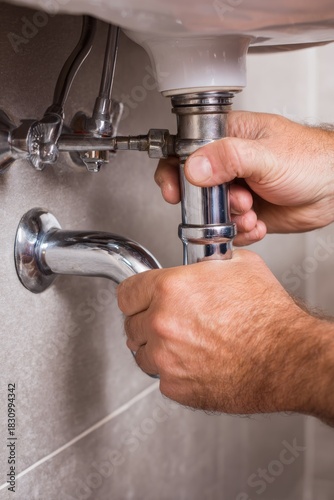 Plumber fixing sink drain in a bathroom to prevent leaks and ensure proper water flow