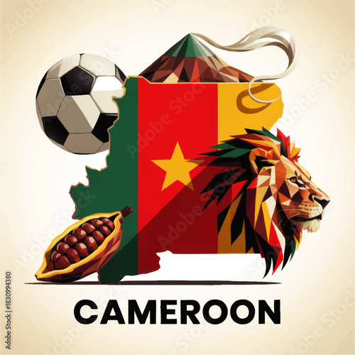 Cameroon travel poster with geometric lion, national flag map, cocoa pod and soccer ball, African tourism and culture illustration