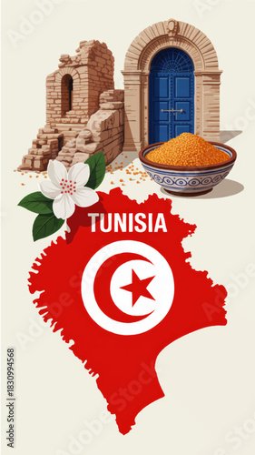 Tunisia travel illustration with map flag ruins blue door traditional bowl of couscous and jasmine flower cultural tourism art