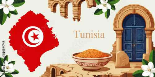Tunisia travel illustration with map flag blue door Roman ruins couscous bowl and orange blossom flowers cultural tourism banner