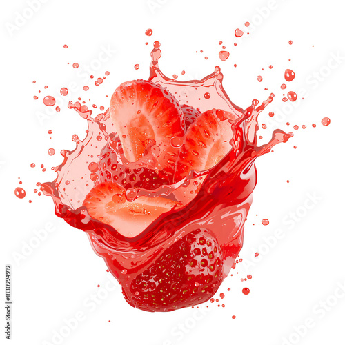 Fresh Strawberries Splash in Vibrant Red Juice, Creating a Fun and Lively Scene
