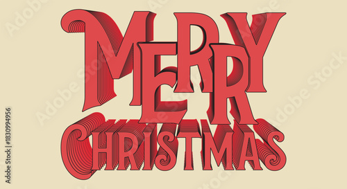 Merry christmas retro stacked 3d red lettering beige backdrop Vector