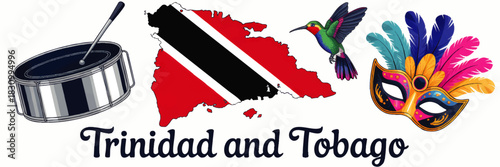 Trinidad and Tobago vector illustration with flag map, steel pan drum, hummingbird, carnival mask and colorful Caribbean design