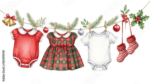 Watercolor Baby Christmas Outfit Clipart with Plaid Dress, Onesies, Socks and Holiday Decorations on Clothesline