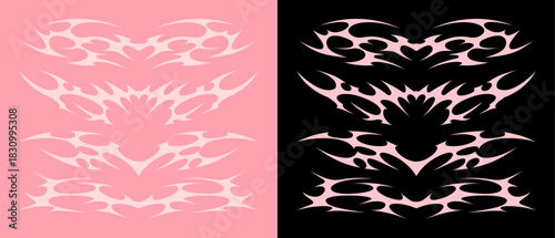 Neo tribal tattoo set. Symmetrical pink flame shapes in feminine tribal style for Y2K graphics, car decals, stickers, prints, or body art