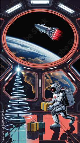 Futuristic Christmas in Space with Astronaut Delivering Gifts on Space Station, Neon Tree, Rocket Ship and Planet Earth View