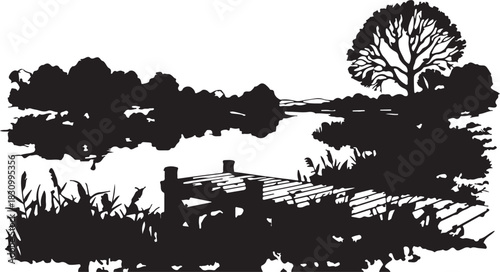 Vector graphic illustration of a tranquil waterside landscape with a dock, reeds, and trees in silhouette