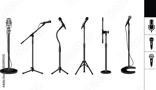 Collection of professional microphone and stand silhouettes, featuring various recording and performance equipment, ideal for music production 