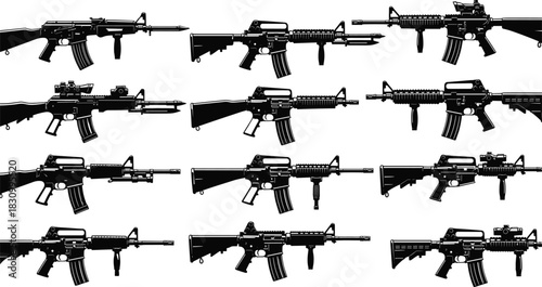 Collection of military assault rifle and automatic weapon vector illustration silhouettes featuring various scopes, grips, and tactical attachments, representing war and armed forces graphic.