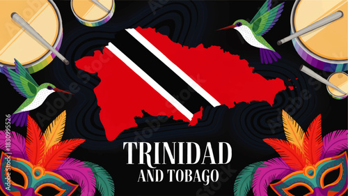 Trinidad and Tobago carnival illustration with flag map, hummingbirds, colorful masks, drums and festive Caribbean background