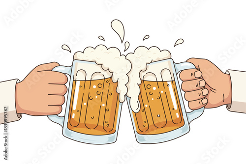 Illustration of two hands clinking beer glasses in a celebratory toast. A festive, friendly concept perfect for party invitations, bar promotions, social events, and celebration graphics