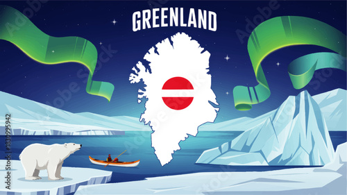 Greenland arctic landscape illustration with northern lights, polar bear, iceberg fjord, kayak explorer and map silhouette
