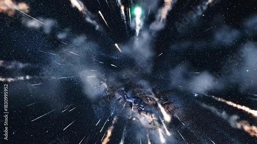 Streaking comet tails emanate from a central point in the night sky, among stars and nebulous clouds