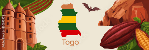 Togo tourism illustration with map flag, traditional mud tower houses, cocoa agriculture landscape and African wildlife