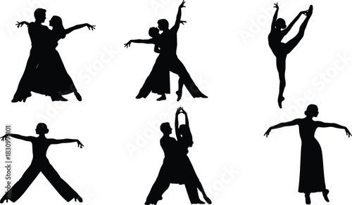 Collection of black vector dancer silhouettes featuring ballroom couples and solo women performing various poses isolated on white background.