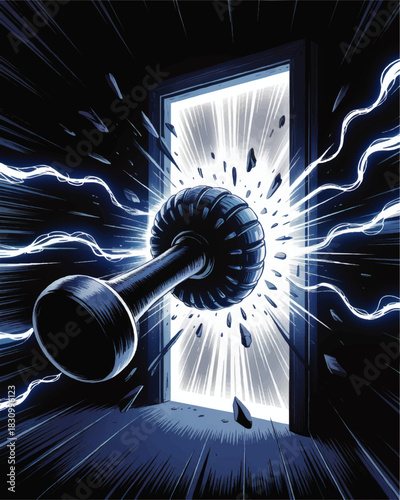 Exploding door knob with energy burst and glowing light, dramatic electric power explosion, dynamic sci fi concept illustration