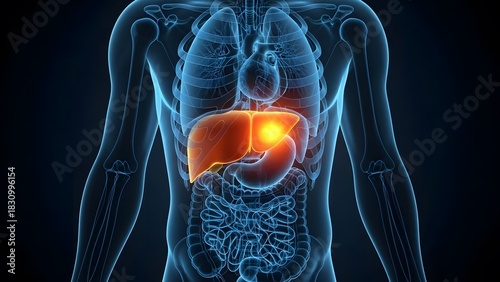 A medical illustration showing a human torso with highlighted liver and internal organs.