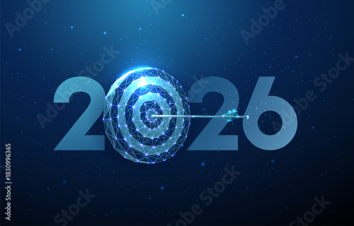 Abstract Happy 2024 New Year greeting card with arrow achieved in center of darts board. Low poly style