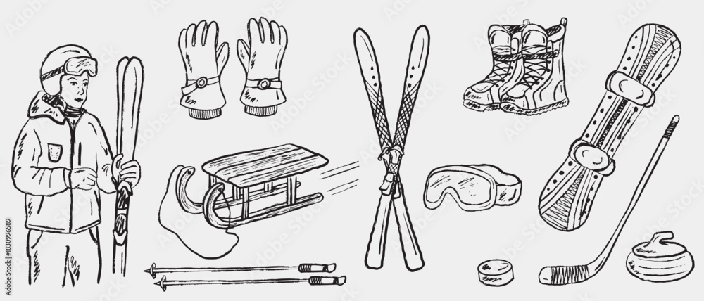 Fototapeta premium Hand drawn winter sports gear set: skis, snowboard, sled, boots, hockey, curling, goggles, snowboard boots. Vector sketch illustration in vintage crayon charcoal style. Winter activity