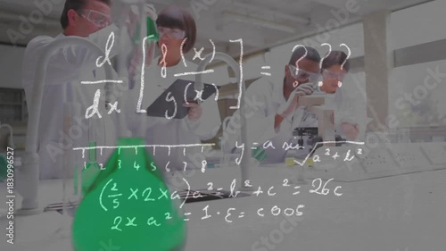 Camera pulling focus causing math overlay over lab while teacher gesturing to flask students noting