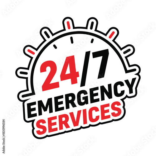 24 7 emergency services text graphic with clock face elements vector