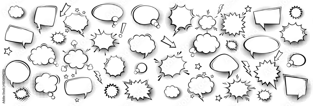 Naklejka premium Collection of empty comic speech bubbles with halftone shadows. Hand drawn retro cartoon stickers. Pop art style. Vector illustration