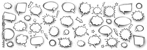 Collection of empty comic speech bubbles with halftone shadows. Hand drawn retro cartoon stickers. Pop art style. Vector illustration