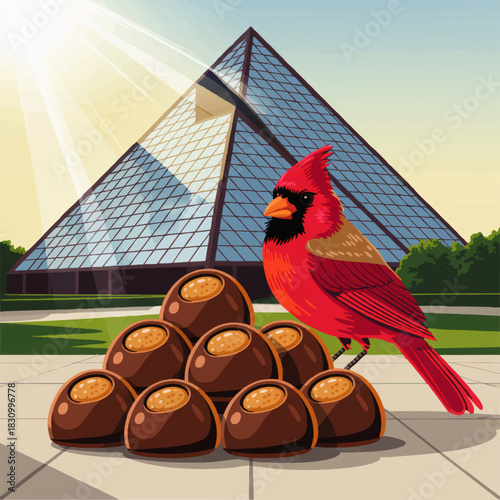 Bright red cardinal with chocolate candy truffles in front of modern glass pyramid building under sunny sky illustration